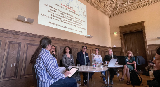 Bild der Elefantenrunde. Um einen Tisch sitzen Andrea Heinze, Michael Groenewald, Martina Streble, Dr. Brigitte Schulte, Nina Severin, Julia Lentge und Christina Henke.