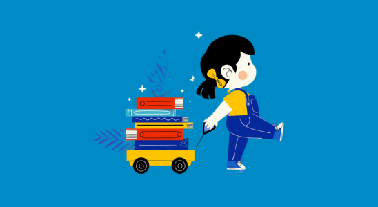 Gezeichnetes Bild eines Kindes, das einen Bollerwagen voller Bücher zieht.